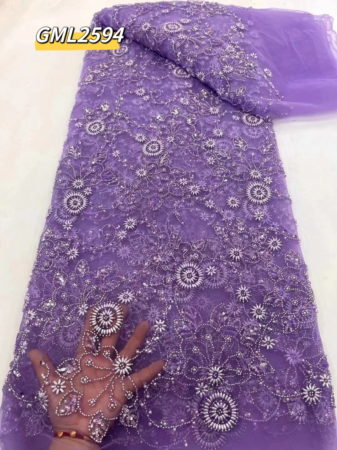 Harvest hot sale products heavy beads sequins luxury bridal lace fabric for weddings dress pure white beaded lace sequin fabric