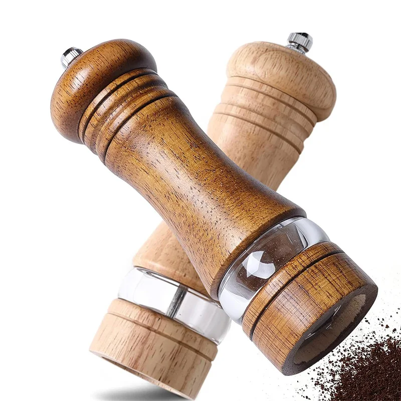 6-Inch Manual Pepper  Acrylic and Wooden Mills with Ceramic Grinder