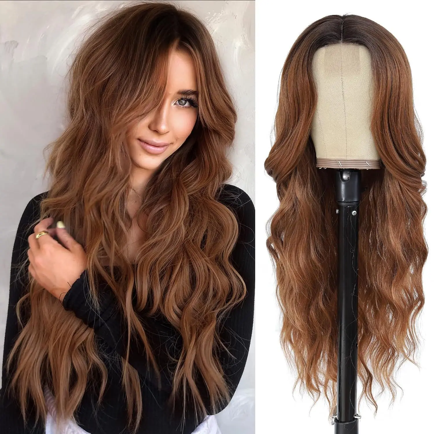 Wholesale Long Wavy Lace Front Synthetic Wig Heat Resistant Ombre Brown Body Wave Hair Lace Wig for Women Daily Cosplay Wigs