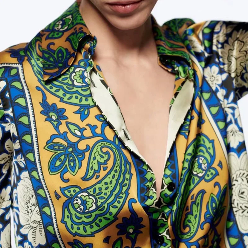 Custom printed pajamas style satin printing vertical cardigan satin trousers two sets