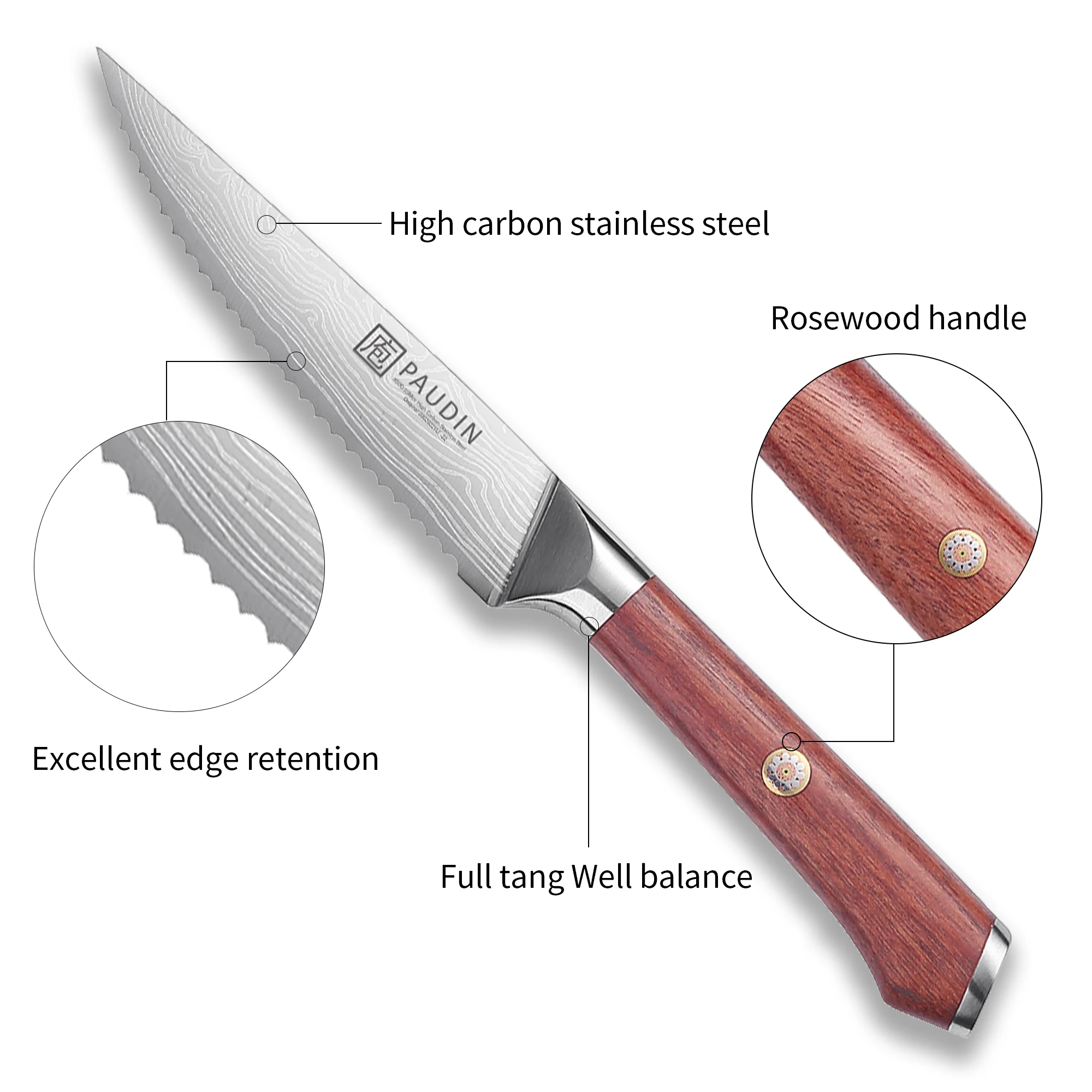 4.5 Inch Serrated Edge German Steel Razor Sharp Steak Knives With Rose Wood Handle For Restaurant Kitchen Knife
