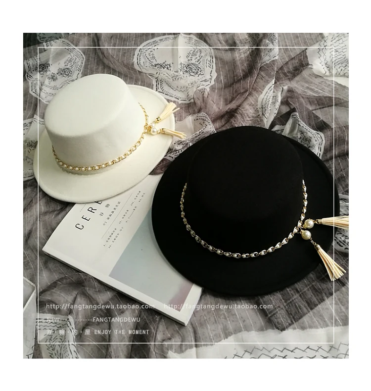 2021 autumn winter British style pearl felt hat fashion pearl chain flat cap casual trend retro fringed wide brim formal hat