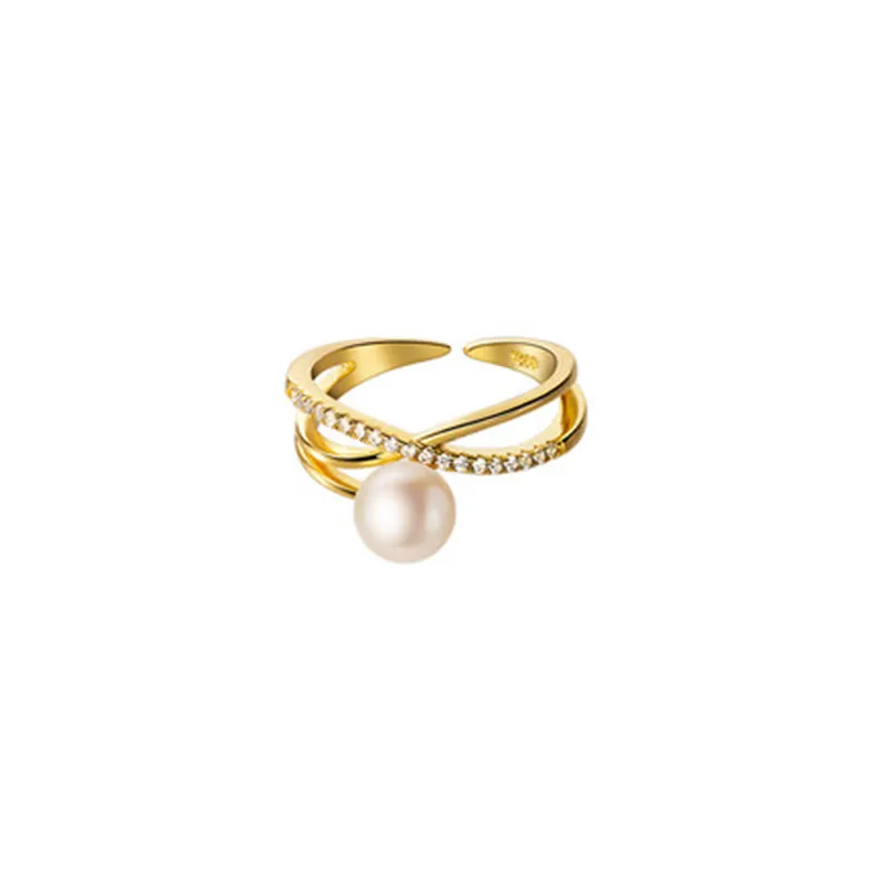 925 Sterling Silver X Ring Cz  Cross Stackable Finger Pearl Rings Adjustable