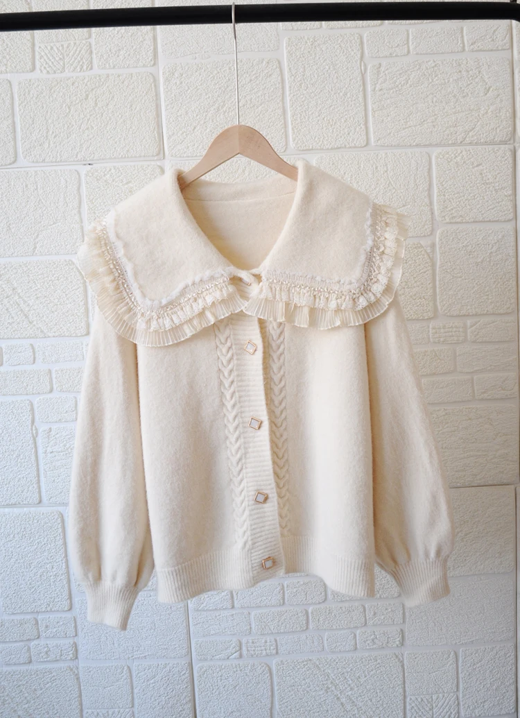 New design women ruffle  knitted cardigan lantern sleeve sweater cardigan
