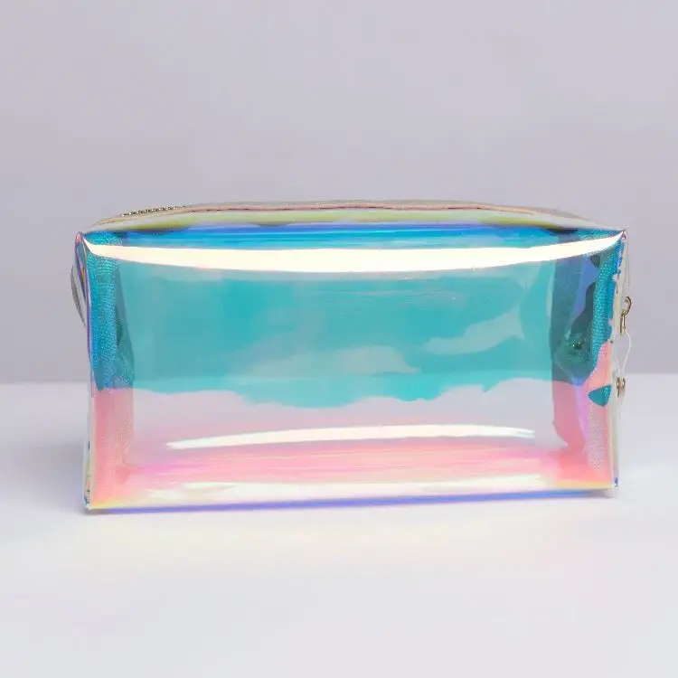 custom waterproof transparent hologram iridescent rainbow TPU laser zip zipper makeup pouch small travel cosmetic bag for women