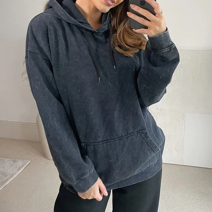 huilin custom 100%cotton heavy weight hoodie oversize thick women vintage acid wash hoodie retro black heavyweight cotton hoodie