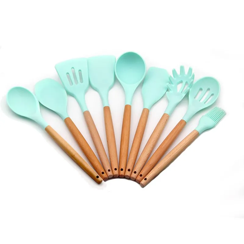 Wood Handle Silicone Utensils Kitchenware 11Piece Set Kitchen Tool Shovel Spoon Set