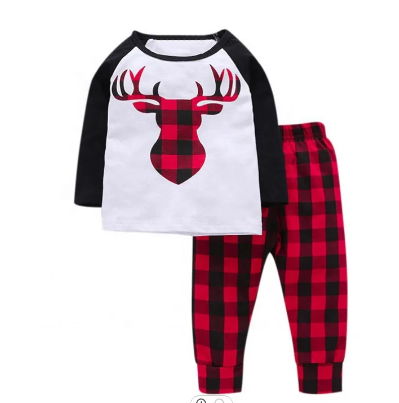 Customized Boutique kids sets red reindeer top with red checked pants boy and girl clothing set