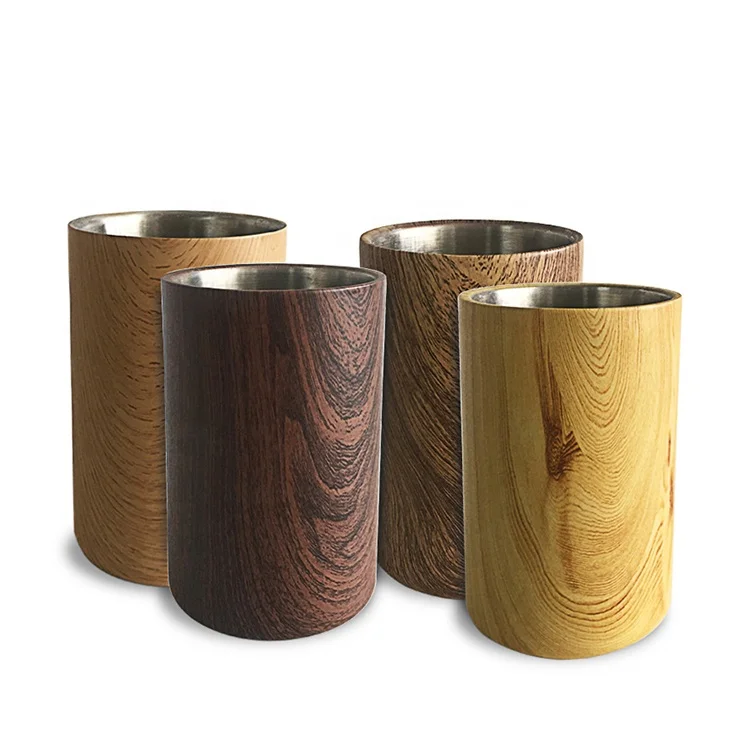 2L portable stainless steel double wall ice bucket with wooden appearance