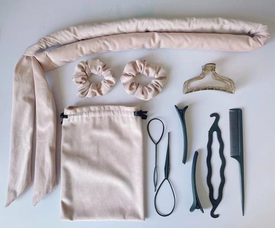 1.6 m Soft Velvet Curling Rod Headband Heatless hair Curler overnight Sleep No Heat Wave Curls Hair Roller with Scrunchies Clips