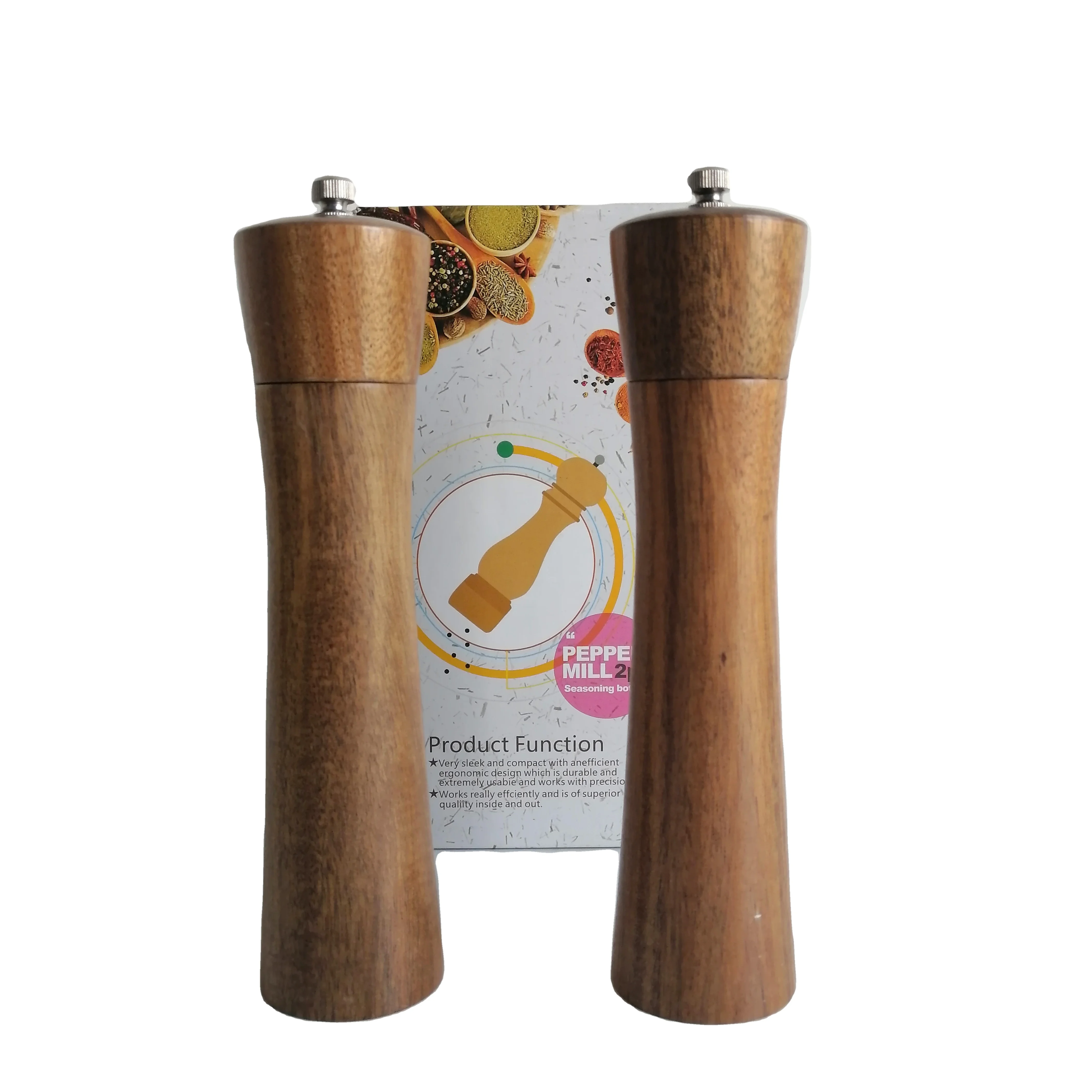 8 inches 10 inches Salt and Pepper Mill, Solid Acasia Wood Pepper Mill with Adjustable Ceramic Grinder