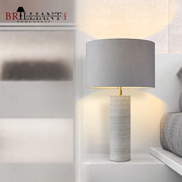 New Product Living Room Bedroom Bedside Desk Light Gray Wood Steel Fabric Shade Marble Craft Table Lamp