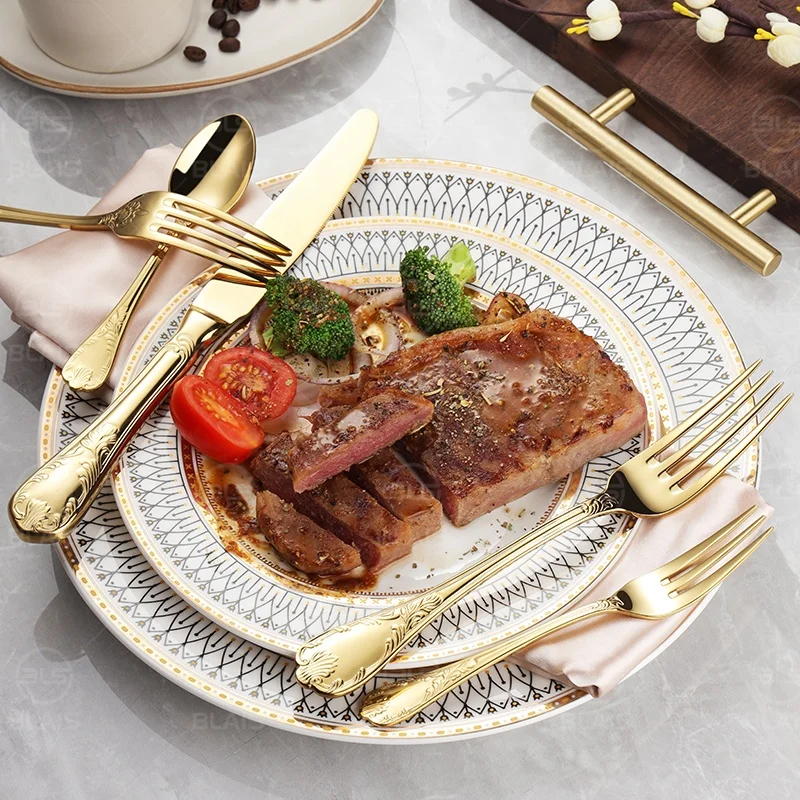 Fancy retro gold flatware set wedding bulk silverware high quality luxury metal golden plated 304 stainless steel 18/8 cutlery