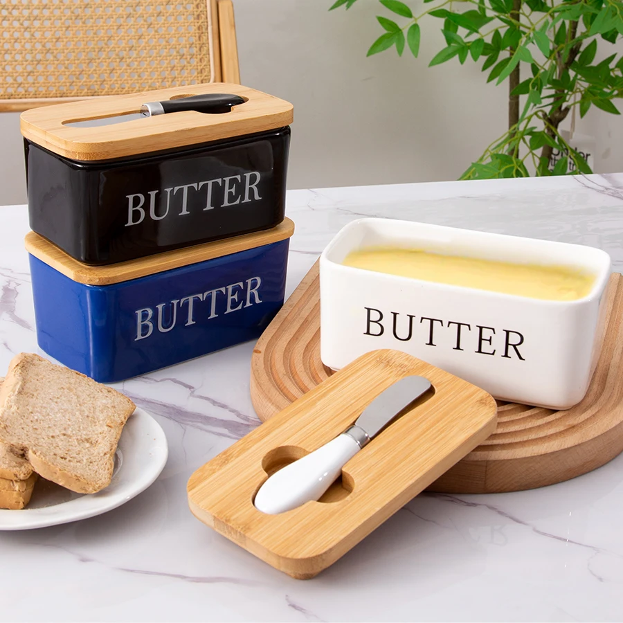 Western fresh cheese box porcelain set Bamboo and wood lid ceramic butter box with knife sealed tank butter box