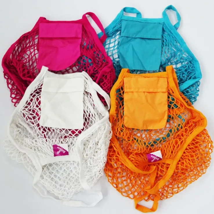 Foldable macrame long handle vegetable eco friendly reusable cotton grocery bag tote string net mesh shopping bag