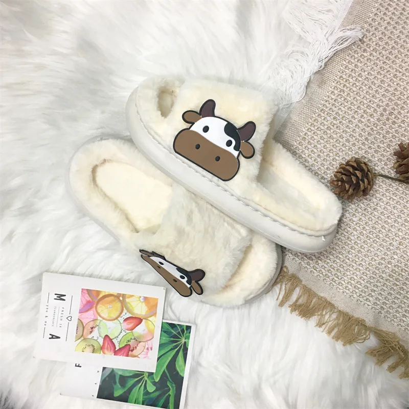Cow Thick Fluffy Fur Slippers 2023 New Women Winter House Warm Furry Slippers Women Flip Flops Home Slides Flat Indoor Shoes