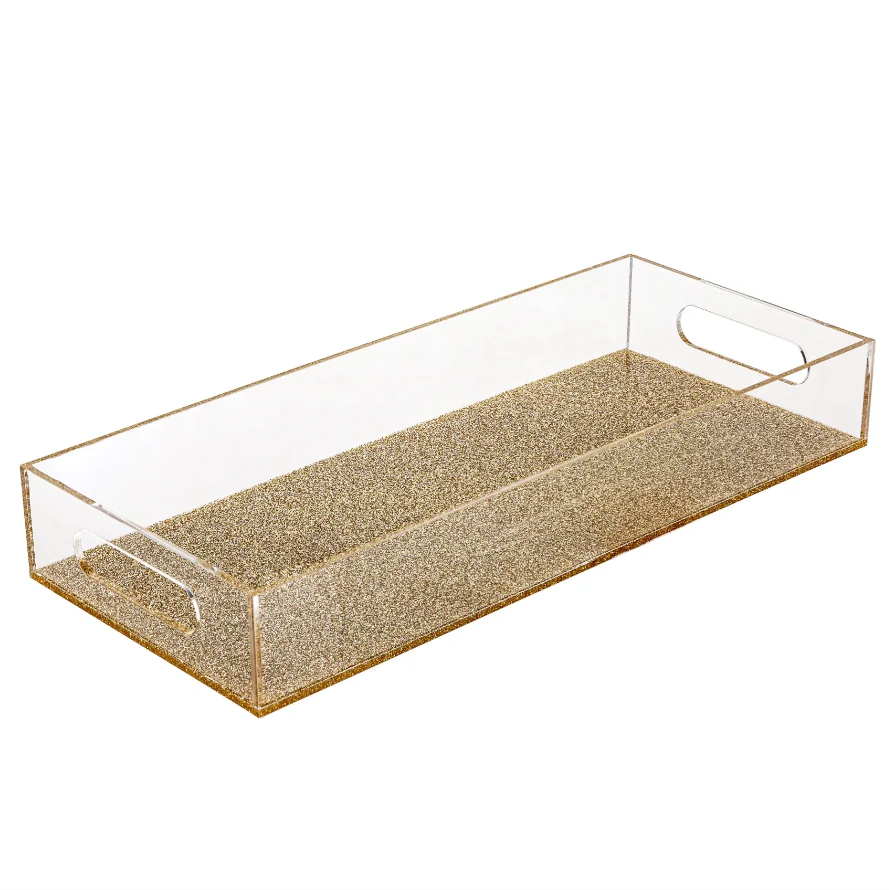 Luxe 6mm Thick Gold Glitter Bottom Lucite Serving Tray for Bread,Candy Family,Party