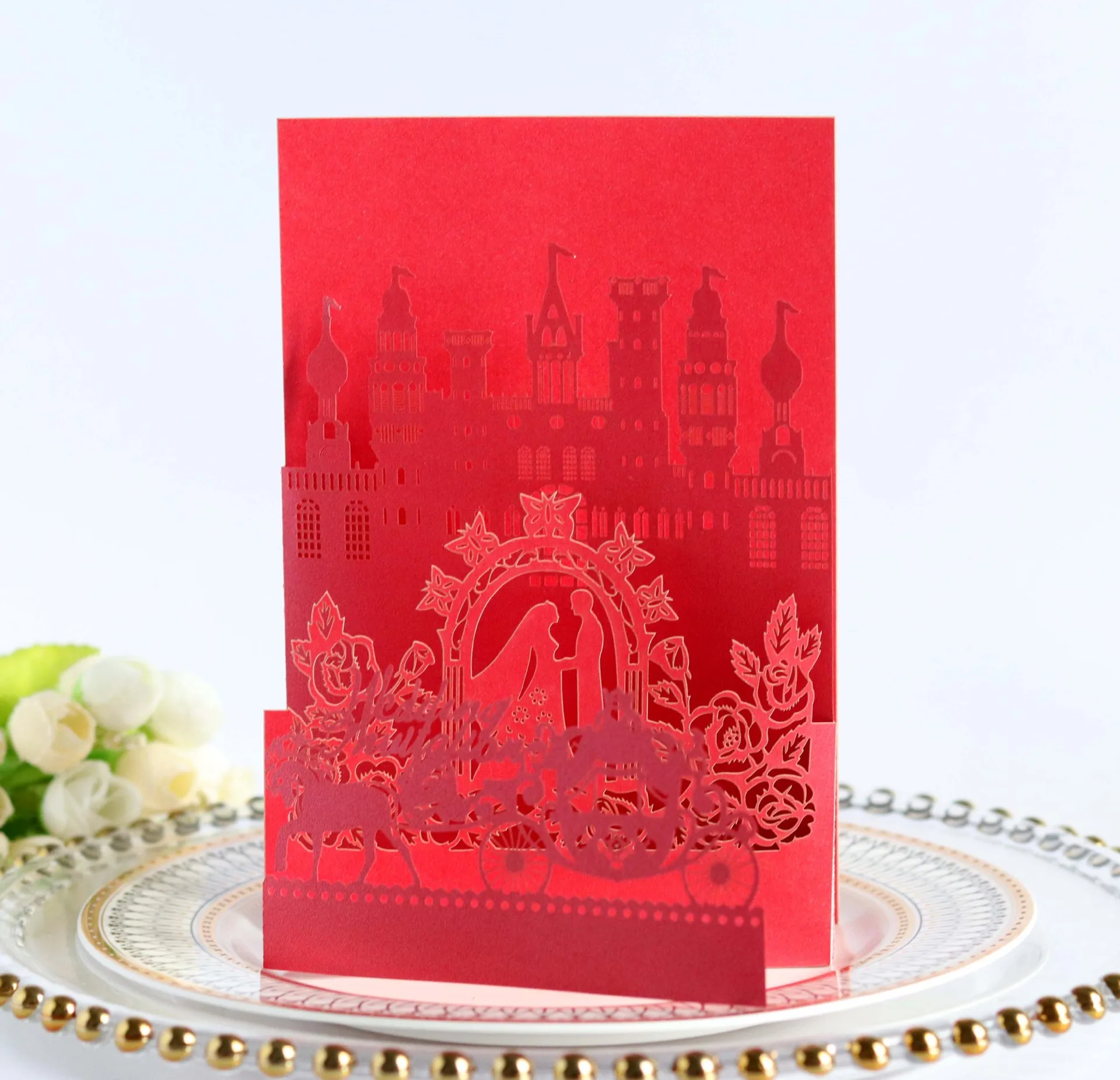 Wholesale Castle Carriage Wedding Cards Cutout Design Greeting Cards With Envelope