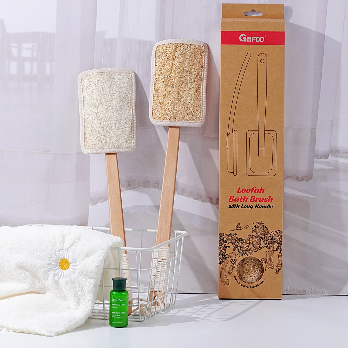 Luffa Loofah Sponge Exfoliating with Long Wooden Handle Natural Back Scrubber for Shower Bath Body Brush