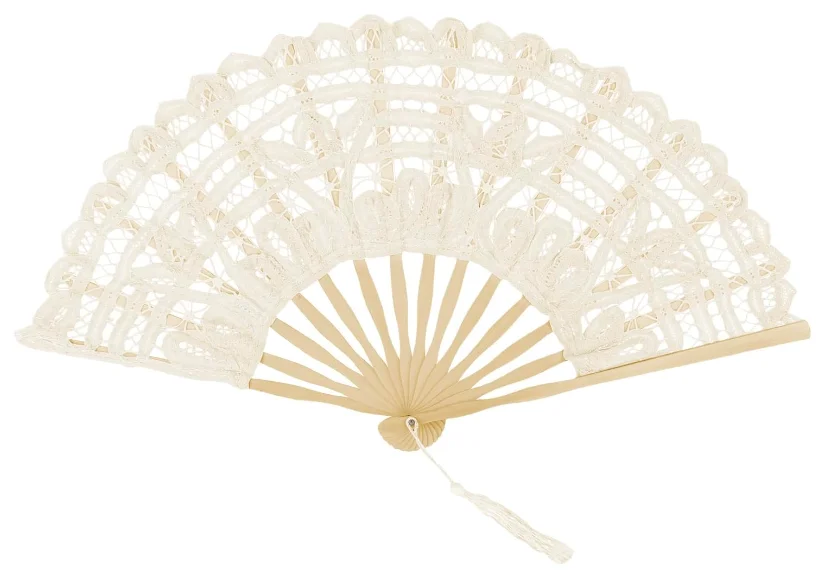 Folding Hand  Lace Fan Elegant Cotton Fan Handmade Fan with Bamboo Staves Silk Tassels for Wedding Bridal Shower Dancing Party