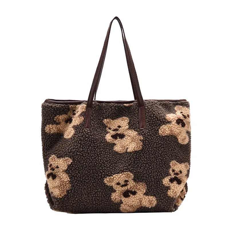 2021 Winter Cute Teddy Bear Fur Girl Tote Shoulder Bag Brown Handbag