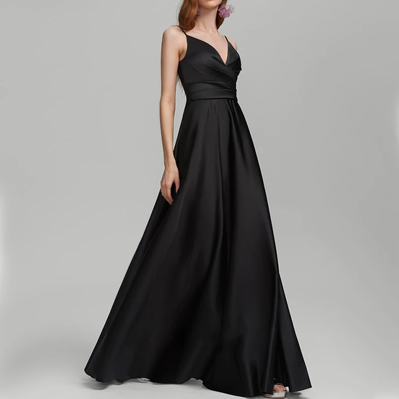 Simple A line Split Sexy Prom Dress Party Formal Satin Royal Blue Solid Color V-Neck Long Sleeveless Evening Wedding Dresses