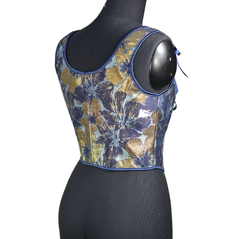 Blue Gold Flower Bustier Half Breast Fishbone Corset Front Strap U Collar Leaf Print Vest Woman Vintage Chest Wrap Court Corset
