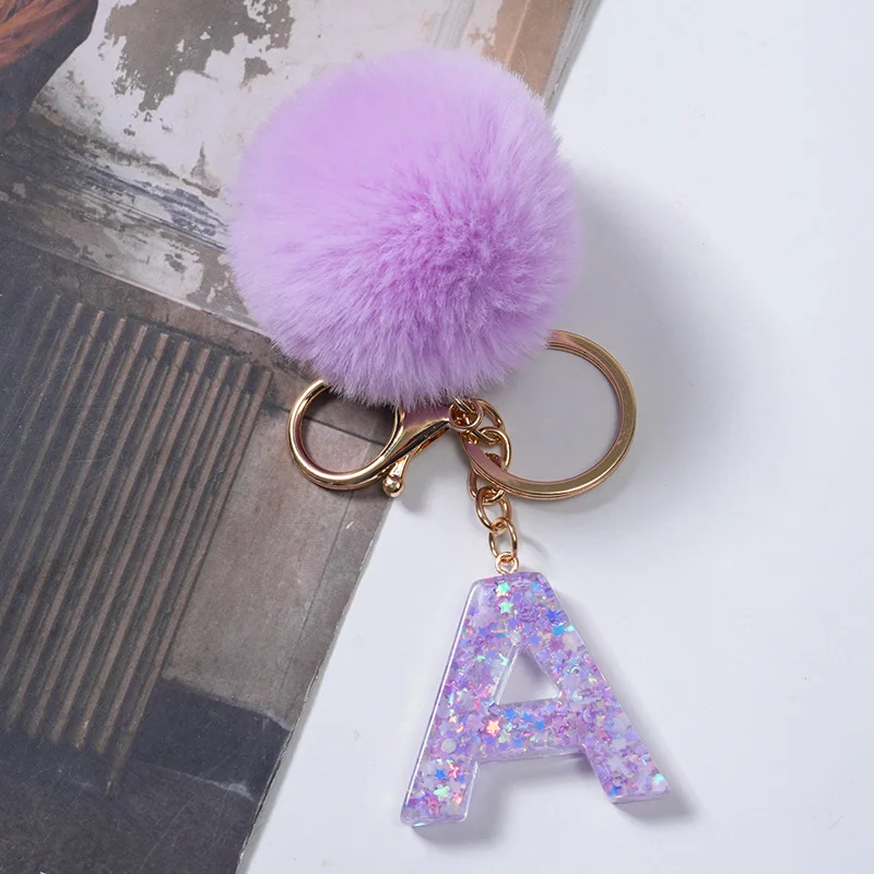 Soft Pom Pom Balls Keychain Fashion Letter Acrylic Keyrings Bag Decoration Car Key Accessories Anti-Lost Key Chain Custom Logo