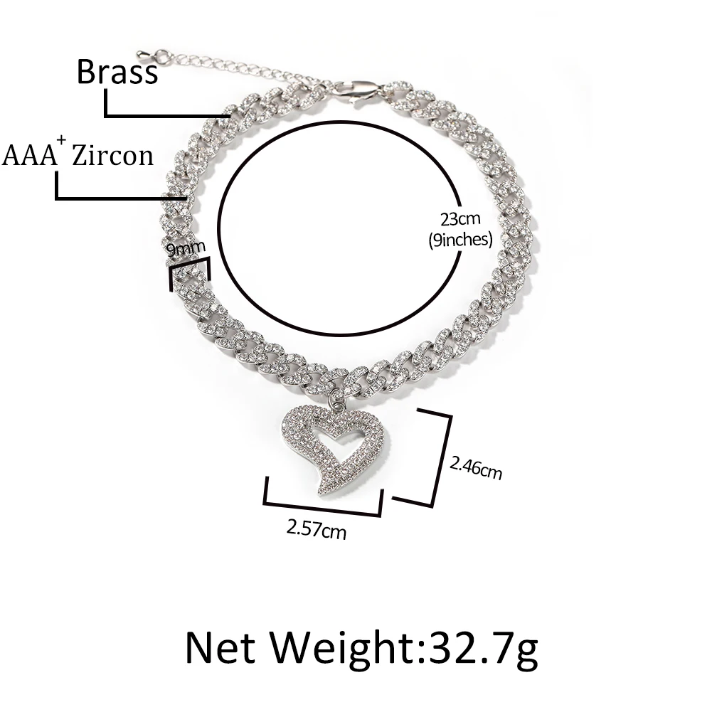 Hip hop 9mm Cuban Link Chain CZ Heart Heart Pendant Anklet Adjustable Women Man Anklets With Extension Chain