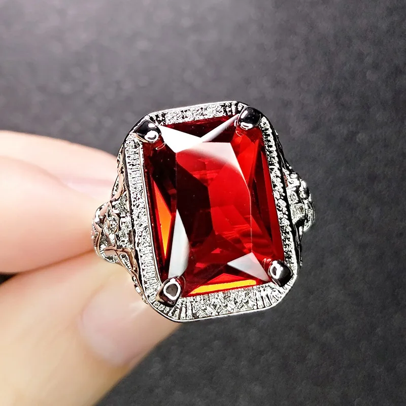 Factory Hot Sale New Pigeon Blood Red Ruby Engagement Ring Cutout Pattern Square Jewelry Emerald Tourmaline Rings
