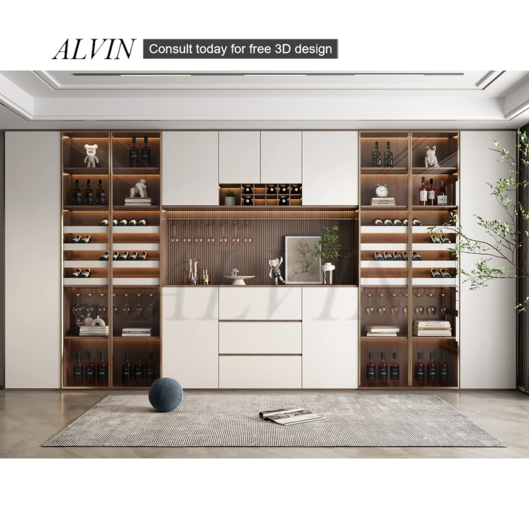 ALVIN Customized Living Room Furniture Wooden Bar Cabinet Storage Modern Curio Display Bar Corner Wine Cabinet Luxury