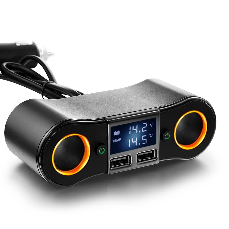 80W socket Splitter Car charger adapter 3.1A 2 USB Ports LED Display Voltage on Off Switch Cigarette Lighter Adapter Car charger