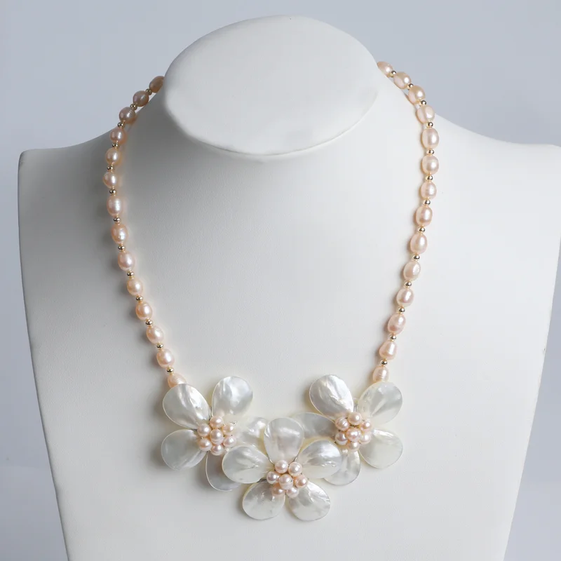 Natural Rice Shape Flower Freshwater Pearl Necklace Jewelry Set Sea Shell Necklace For Women