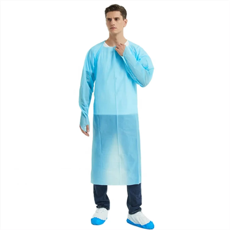 Disposable CPE PE Visiting Gown /Plastic Apron Non Sterile Cpe Gown with thumb hole