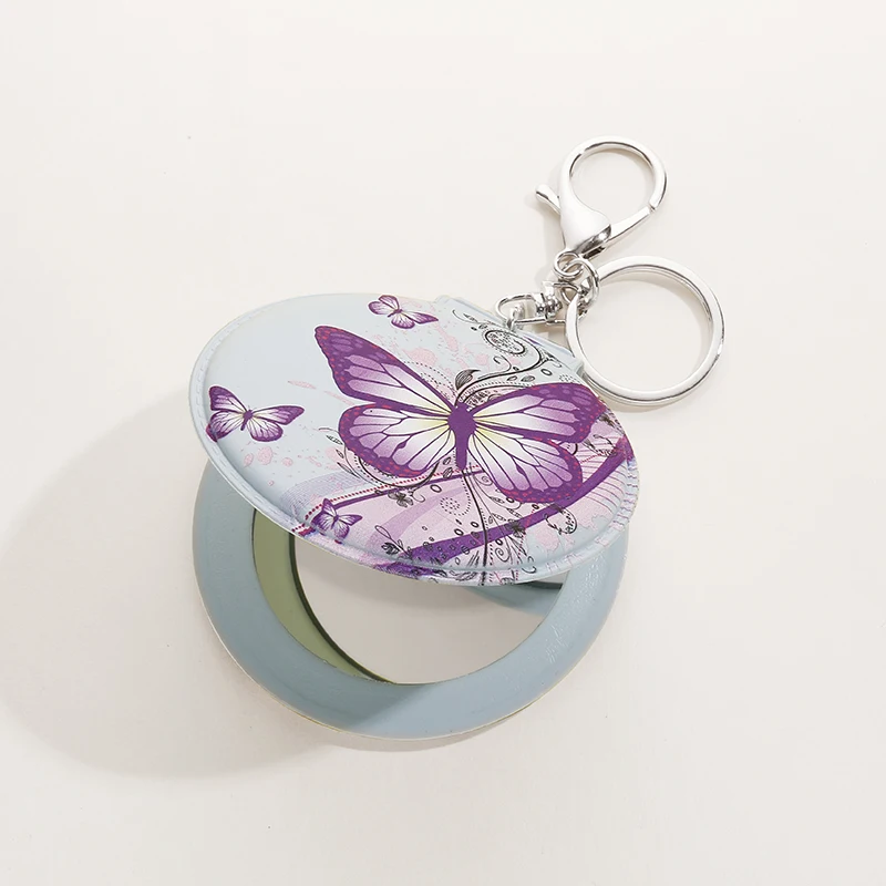 wholesale portable round leather pocket compact mirror keychain for girls