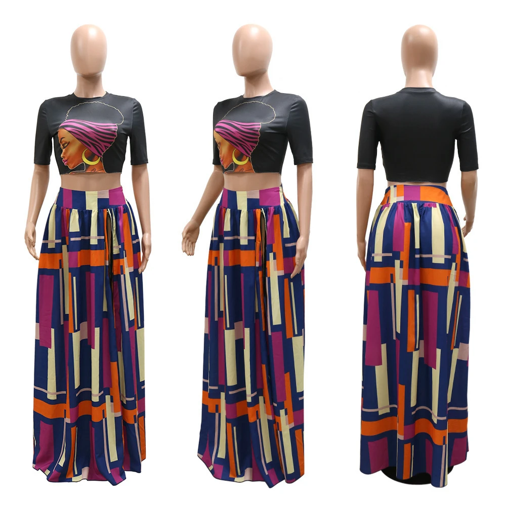 MD-2022061704     tube and skirt fashion short sleeve printed slit women 2 piece set clothing
