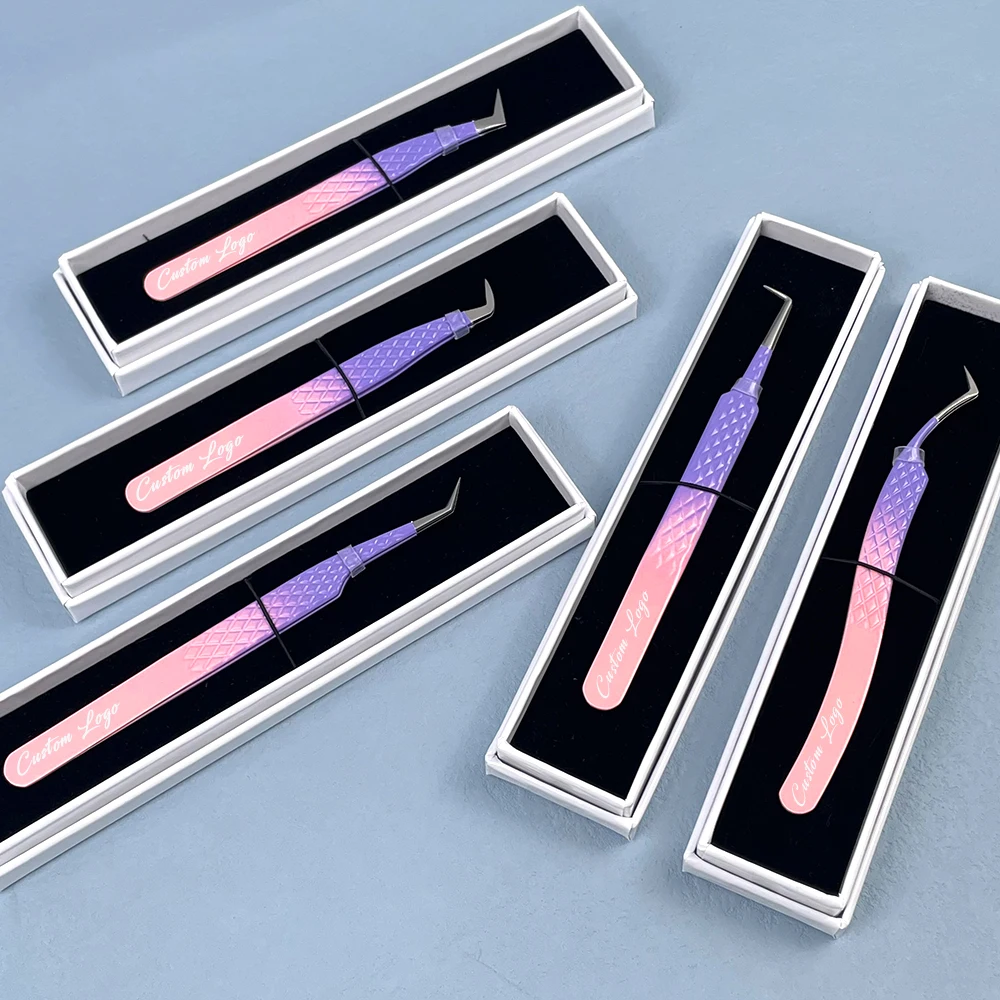 Custom Logo Fiber Curved Tip Tweezers 45 90 Degree Nano Grip Microfiber Craft Tweezers Volume Eyelash Extension Tweezers Set