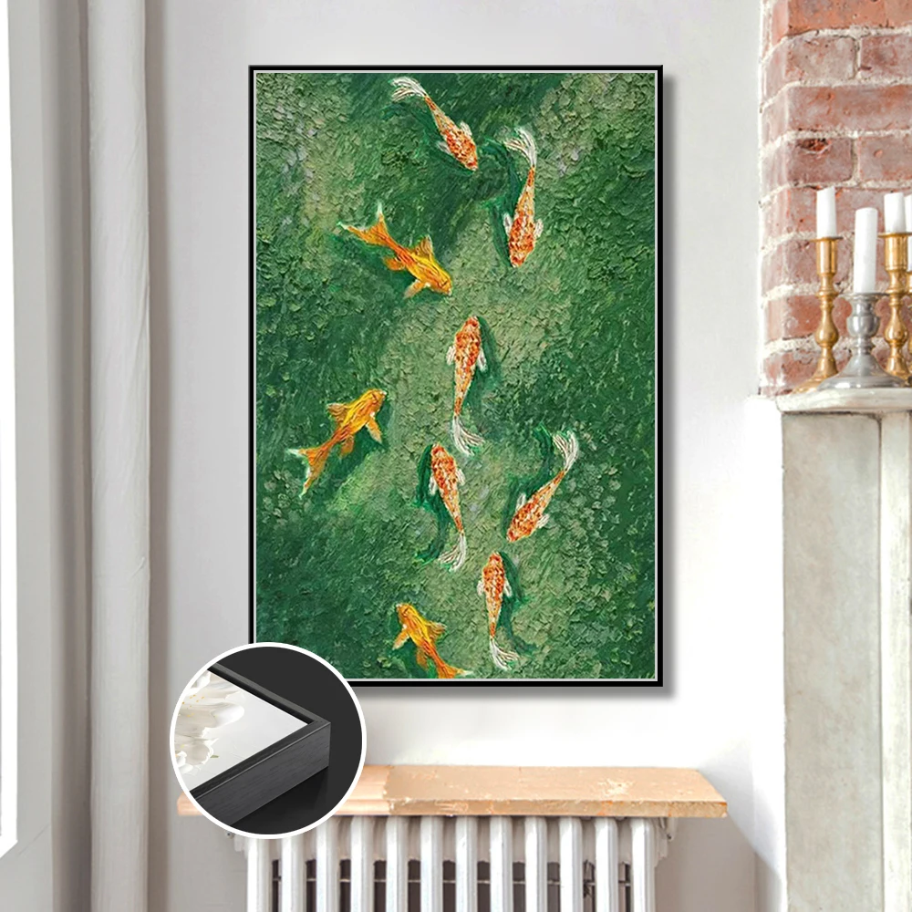 100% Authentic Handmade Abstract Oil Painting Green Theme Goldfish in Fish Pond Home Wall Art Decoration