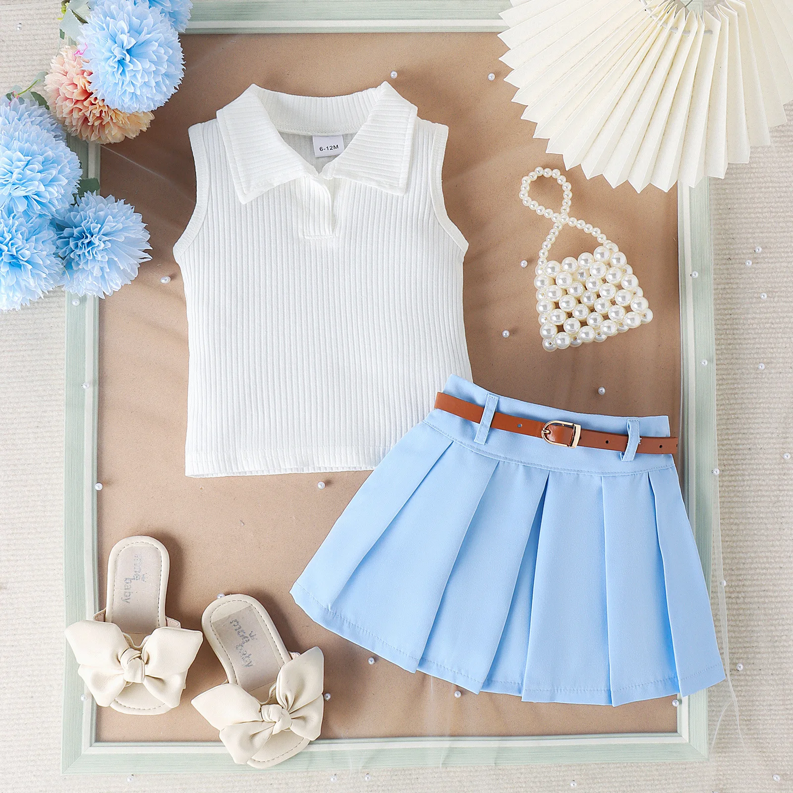 Summer Kids Fashion Clothes Sets Sleeveless Turn-down Collar Solid Vest Pleated Skirt With Belt Casual Outfit Kids Clothing