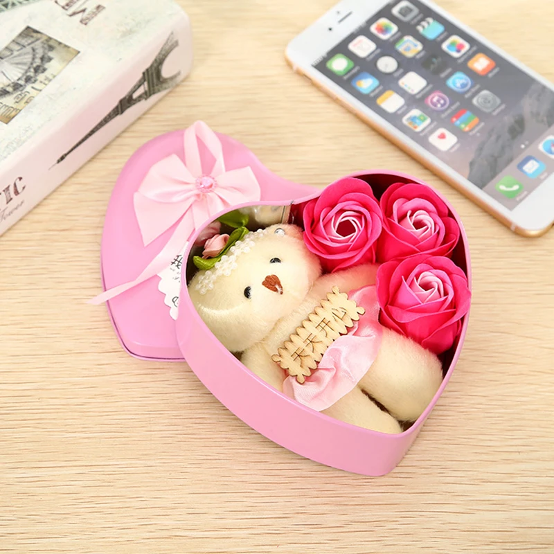 Hot Sale Artificial  Soap Flower with Bear in Box Simulation Mini Rose Handmade Best for Wedding Gift