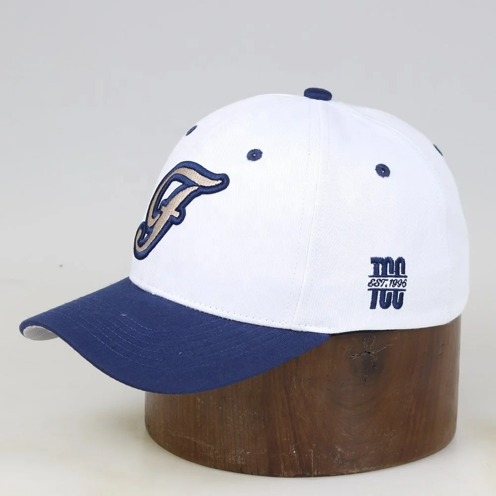 High Quality Curved Brim Baseball Caps Hats No Back Strap Custom White Crown Blue Brim Two Tone Embroidered Fitted Hat