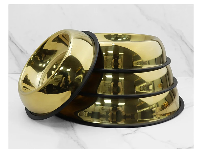 Wholesale Gold Color 304 Stainless Steel Dog Bowls with Non-Slip Rubber Base Pet Bowl for Food and Water