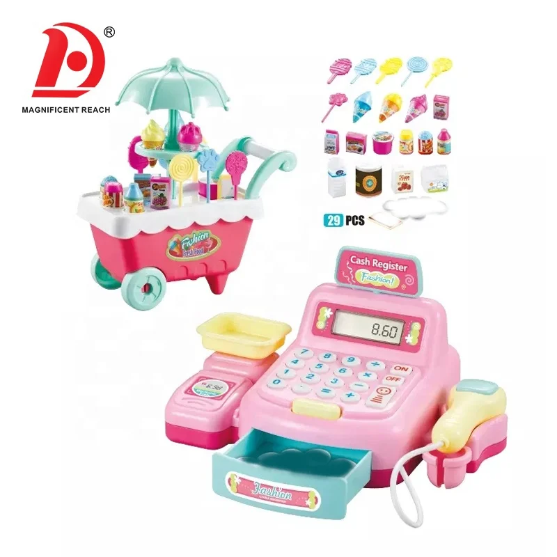 HUADA Pretend Play Ice Cream Cart Toy Kids Supermarket Cash Register Toy with Light & Music