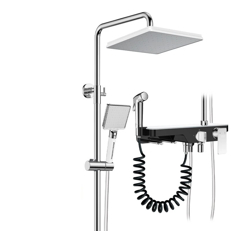 DQOK Luxury White Glass plastic shelf Shower Brass Body Rain Waterfall 4-Function Bathroom Shower Set