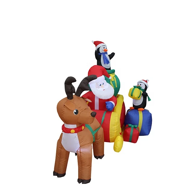 180cm high Christmas inflatable Santa and penguin on inflatable sleigh