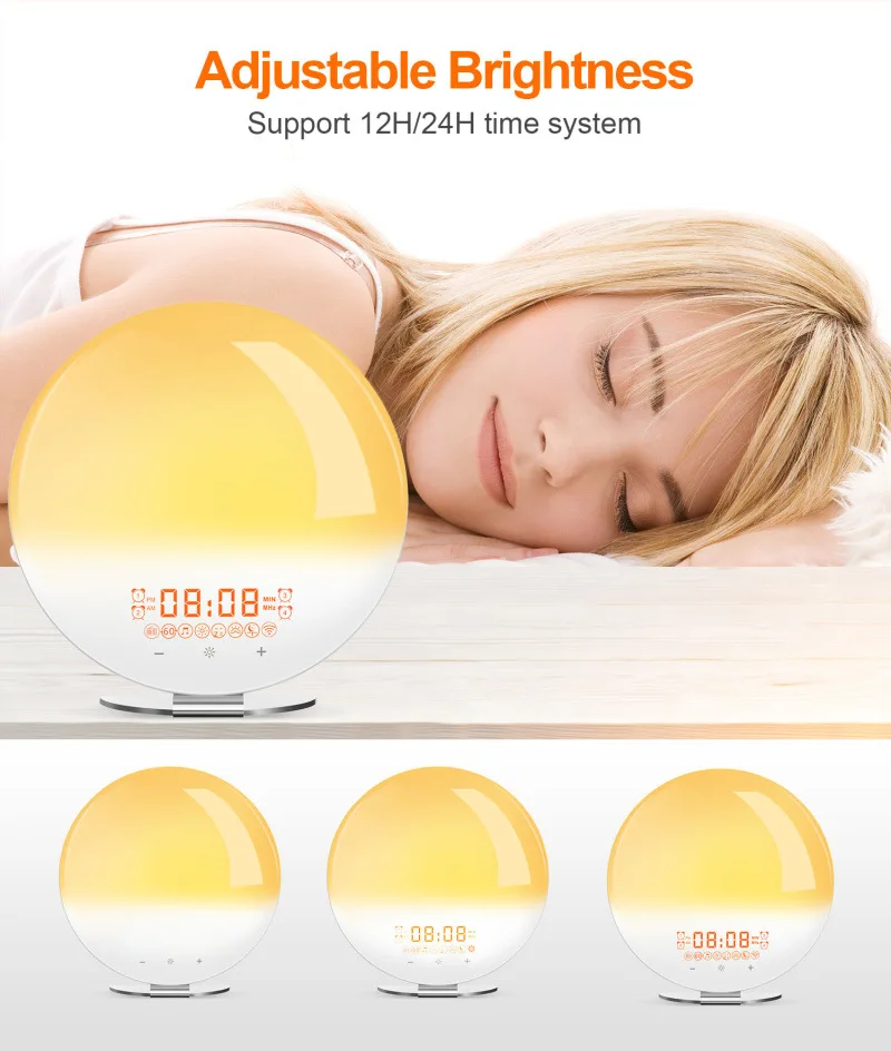 LED Simulated Sunrise Sunset Nature Wake-up Light Sleep Light Alarm Clock Touch App Voice Control Colorful Bedside Night Lights