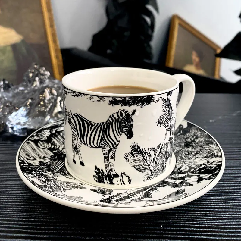 Black zebra pattern ceramic milk tea cups & saucers set vintage arabic porcelain tea cup set