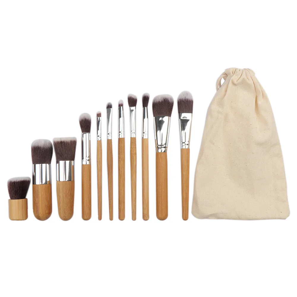 11 PCS Bamboo Makeup Brushes Set Vegan Face Eyes Make Up Tools Fluffy Synthetic Fibre Kit Customize