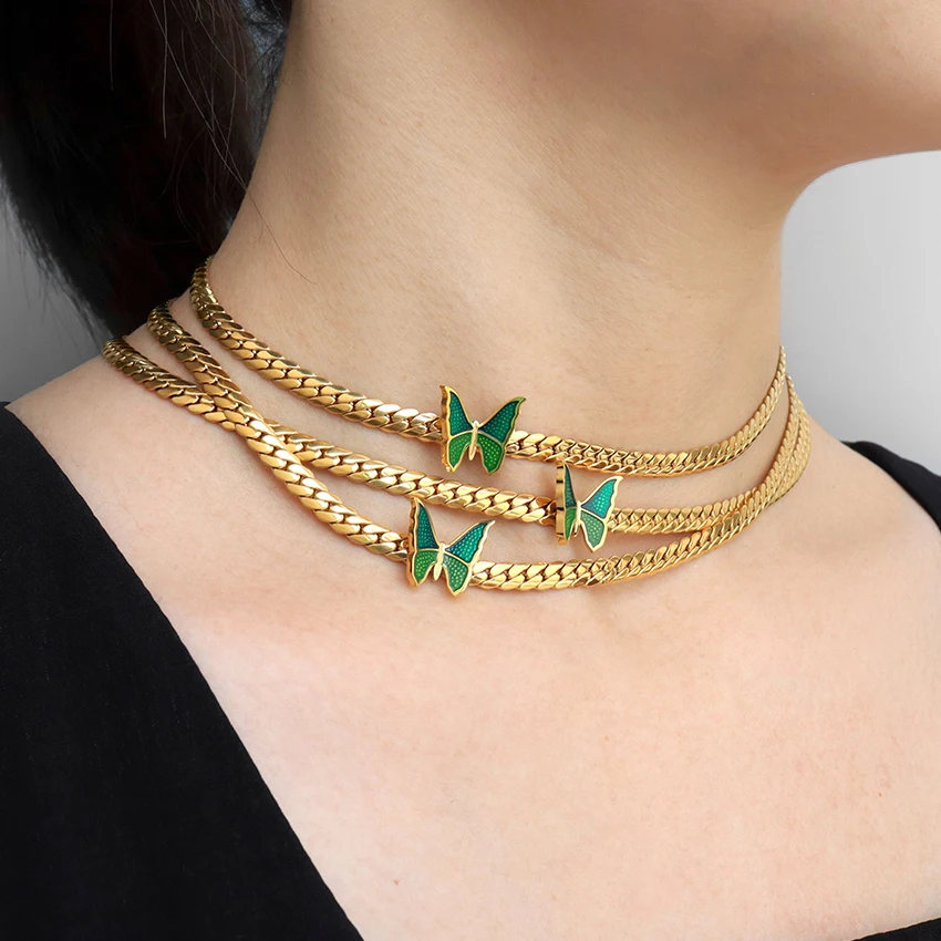 Dainty Stainless Steel Butterfly Necklaces 18k Gold Plated Green Enamel Butterfly Pendant Necklaces for Women