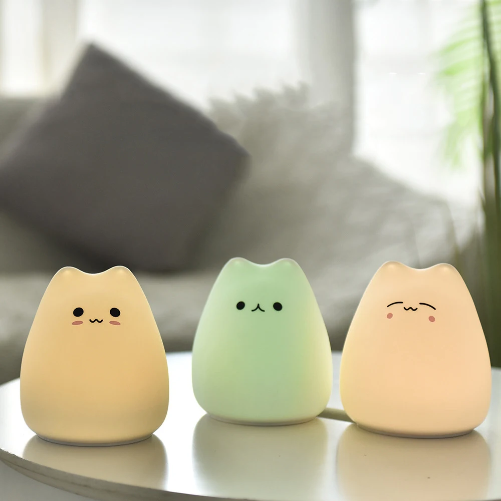 Cartoon Cat shape 7 colors Silicone night light for kids baby children